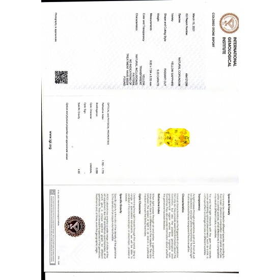 5.03 Ct IGI Certified Unheated Untreated Natural Ceylon Yellow Sapphire AAA