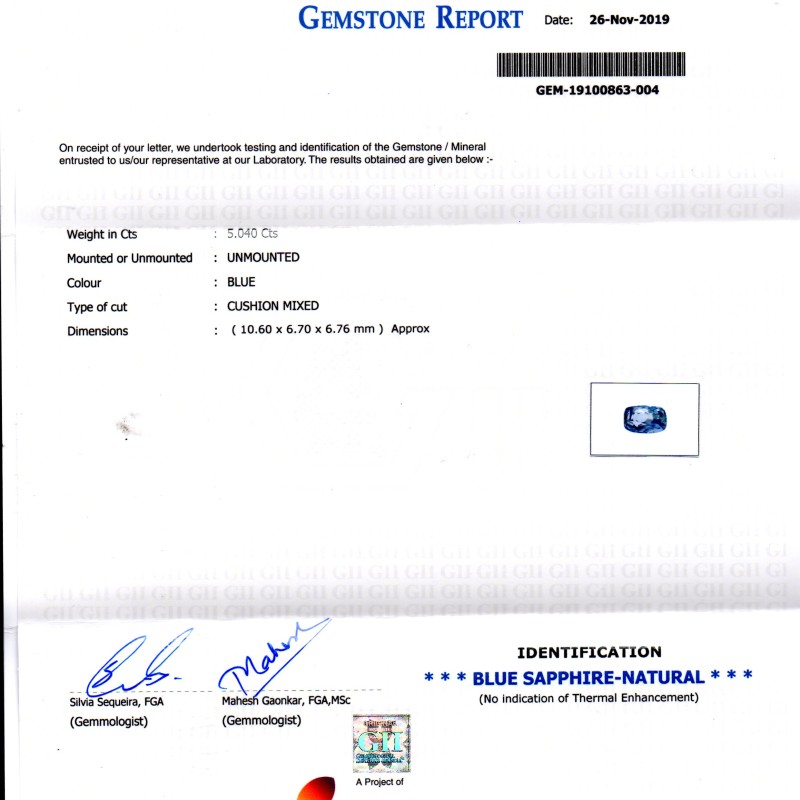 5.04 Ct GII Certified Unheated Untreated Natural Ceylon Blue Sapphire 5.04 Ct GII Certified Unheated Untreated Natural Ceylon Blue Sapphire