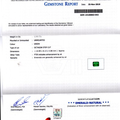5.04 Ct GII Certified Untreated Natural Zambian Emerald Gemstone 5.04 Ct GII Certified Untreated Natural Zambian Emerald Gemstone