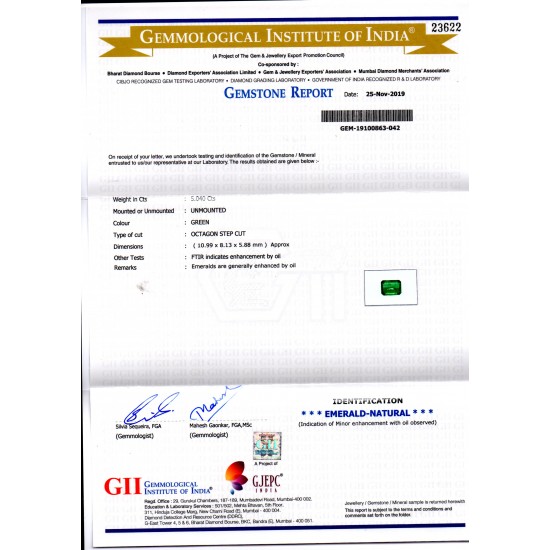 5.04 Ct GII Certified Untreated Natural Zambian Emerald Gemstone