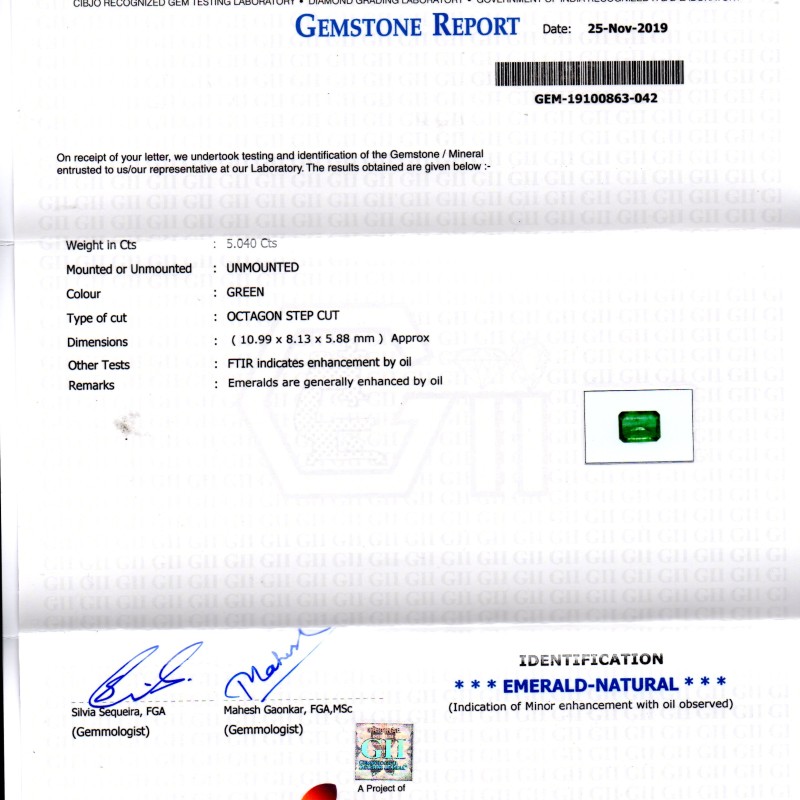 5.04 Ct GII Certified Untreated Natural Zambian Emerald Gemstone 5.04 Ct GII Certified Untreated Natural Zambian Emerald Gemstone