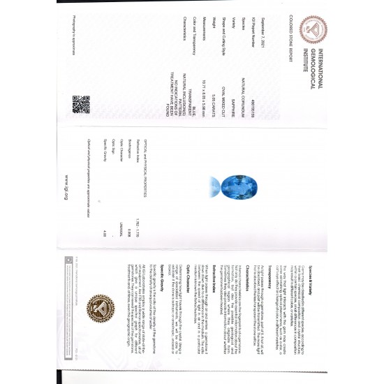 5.05 Ct IGI Certified Unheated Untreated Natural Ceylon Blue Sapphire