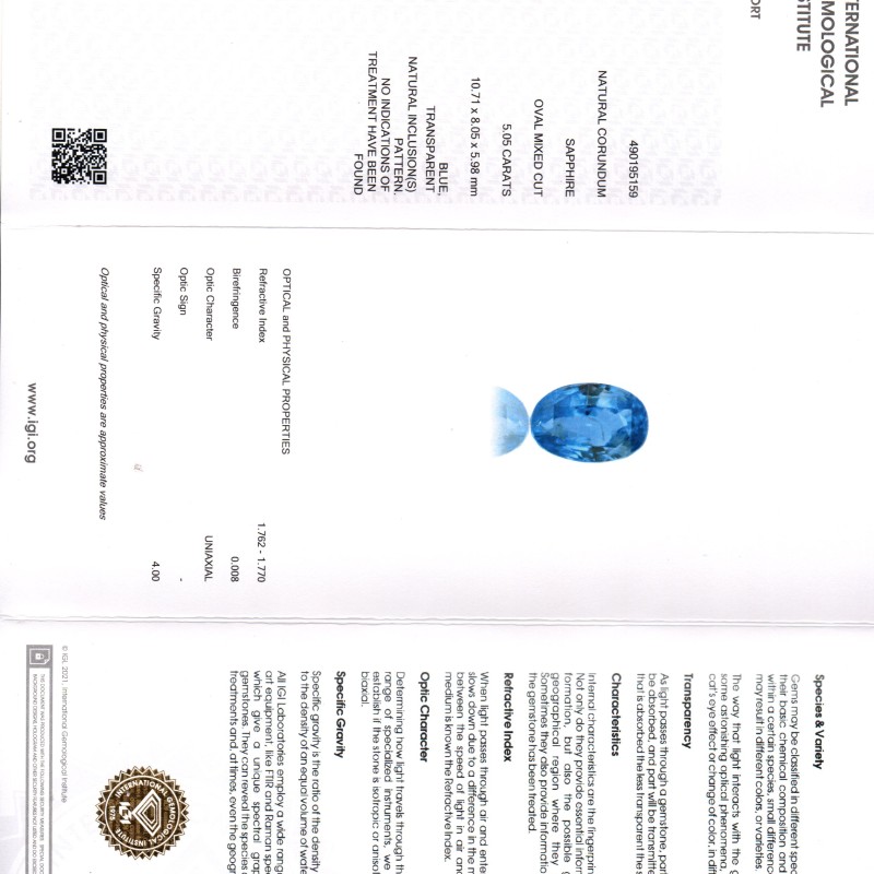 5.05 Ct IGI Certified Unheated Untreated Natural Ceylon Blue Sapphire