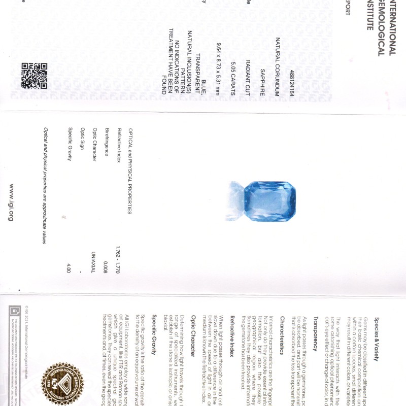 5.05 Ct IGI Certified Unheated Untreated Natural Ceylon Blue Sapphire AA 5.05 Ct IGI Certified Unheated Untreated Natural Ceylon Blue Sapphire AA