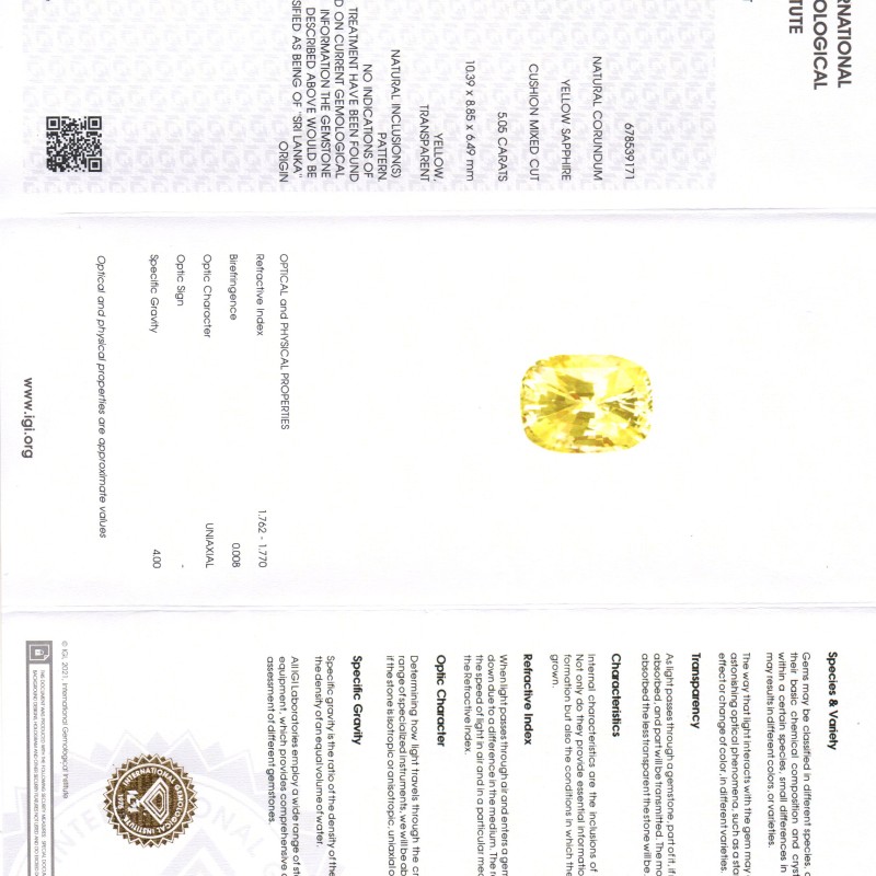 5.05 Ct IGI Certified Unheated Untreated Natural Ceylon Yellow Sapphire