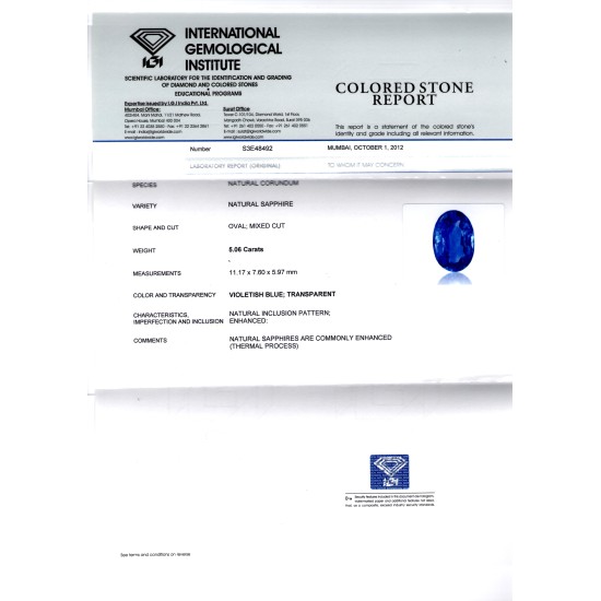 5.06 Ct Untreated IGI Certiied Natural Ceylon Blue Sapphire AAA