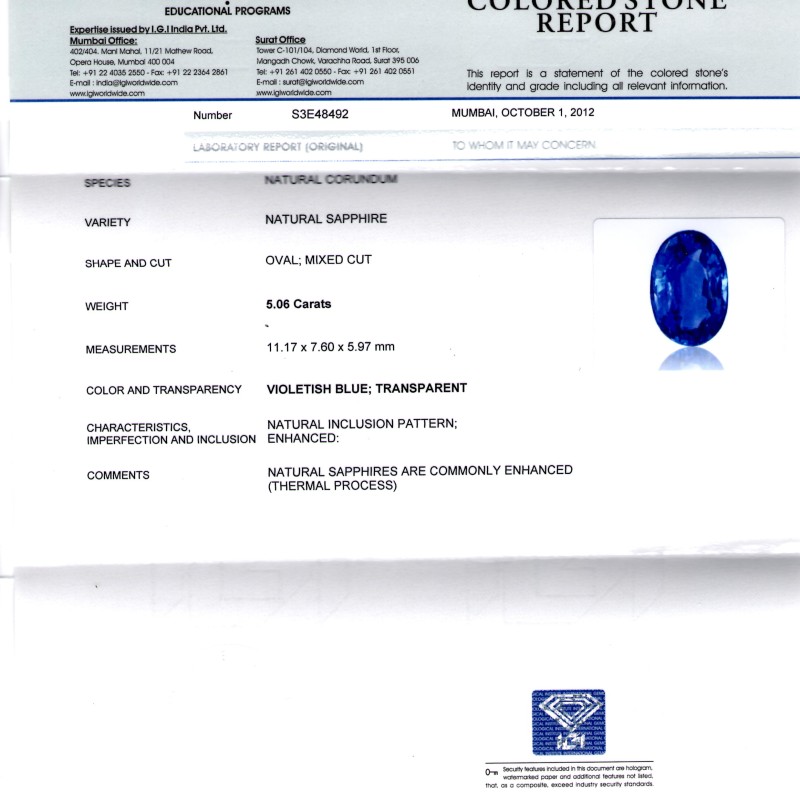 5.06 Ct Untreated IGI Certiied Natural Ceylon Blue Sapphire AAA 5.06 Ct Untreated IGI Certiied Natural Ceylon Blue Sapphire AAA