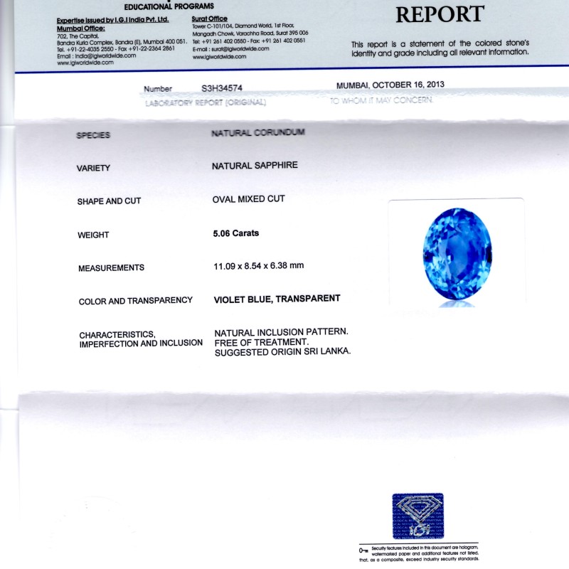 5.06 Ct IGI Certified Unheated Untreated Natural Ceylon Blue Sapphire 5.06 Ct IGI Certified Unheated Untreated Natural Ceylon Blue Sapphire