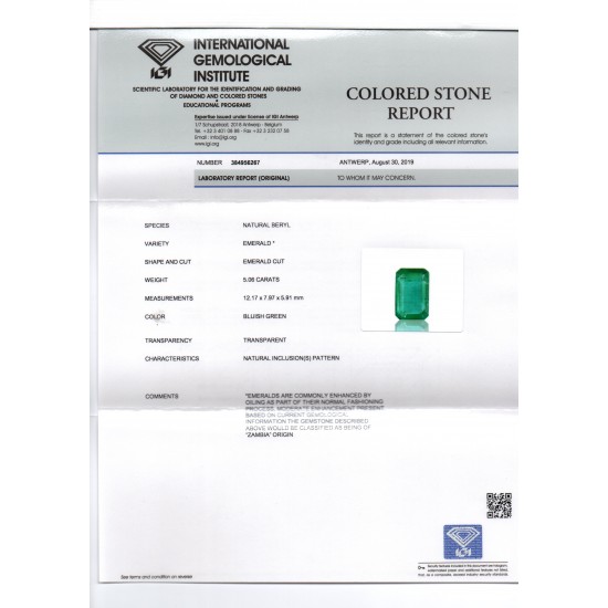 5.06 Ct IGI Certified Untreated Natural Zambian Emerald Gemstone AAA