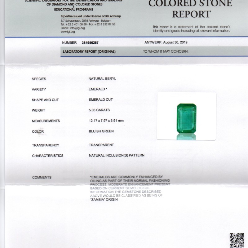 5.06 Ct IGI Certified Untreated Natural Zambian Emerald Gemstone AAA