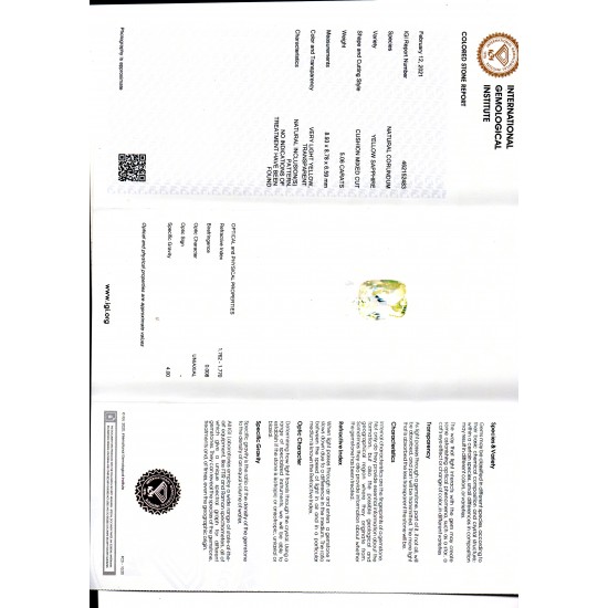 5.06 Ct IGI Certified Unheated Untreated Natural Ceylon Yellow Sapphire