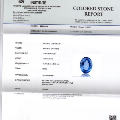 5.07 Ct IGI Certified Unheated Untreated Natural Burma Blue Sapphire AA 5.07 Ct IGI Certified Unheated Untreated Natural Burma Blue Sapphire AA