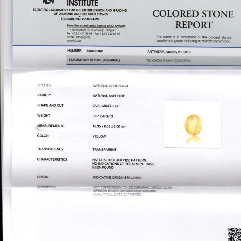 5.07 Ct IGI Certified Unheated Untreated Natural Ceylon Yellow Sapphire