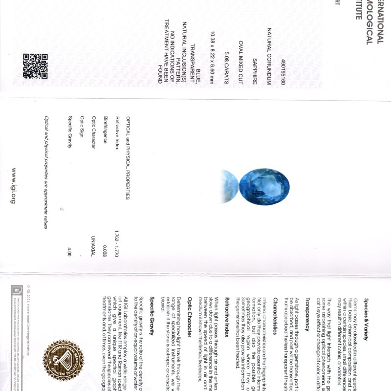 5.08 Ct IGI Certified Unheated Untreated Natural Ceylon Blue Sapphire