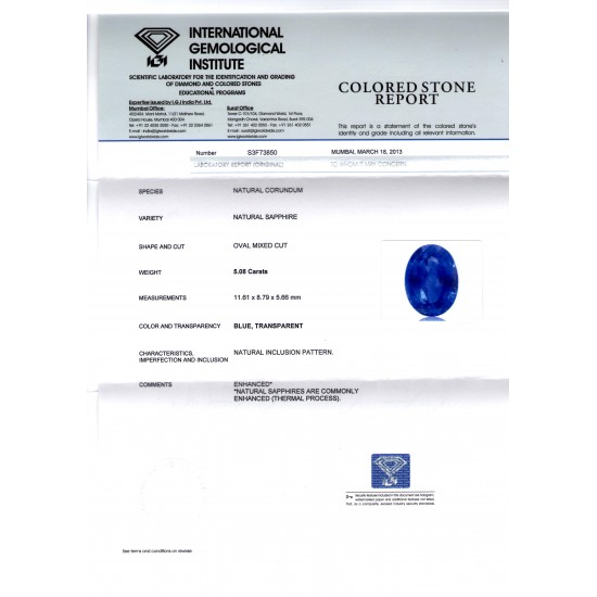 5.08 Ct Premium Untreated Natural Ceylon Blue Sapphire IGI Certified
