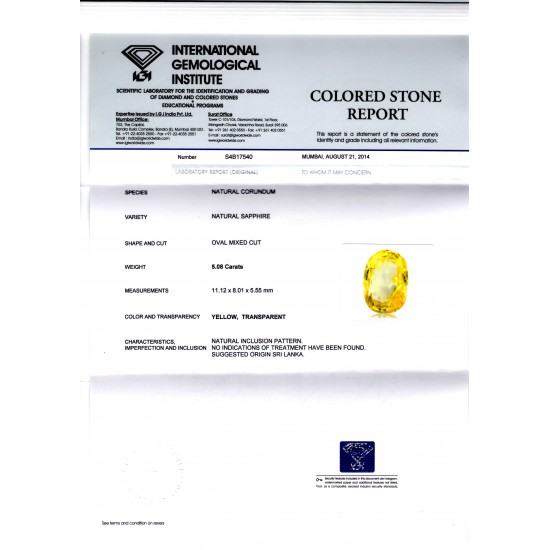 5.08 Ct Unheated Untreated Natural Ceylon Yellow Sapphire/Pukhraj AA
