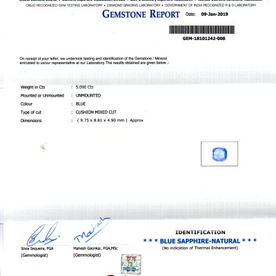 5.09 Ct GII Certified Unheated Untreated Natural Ceylon Blue Sapphire AA 5.09 Ct GII Certified Unheated Untreated Natural Ceylon Blue Sapphire AA