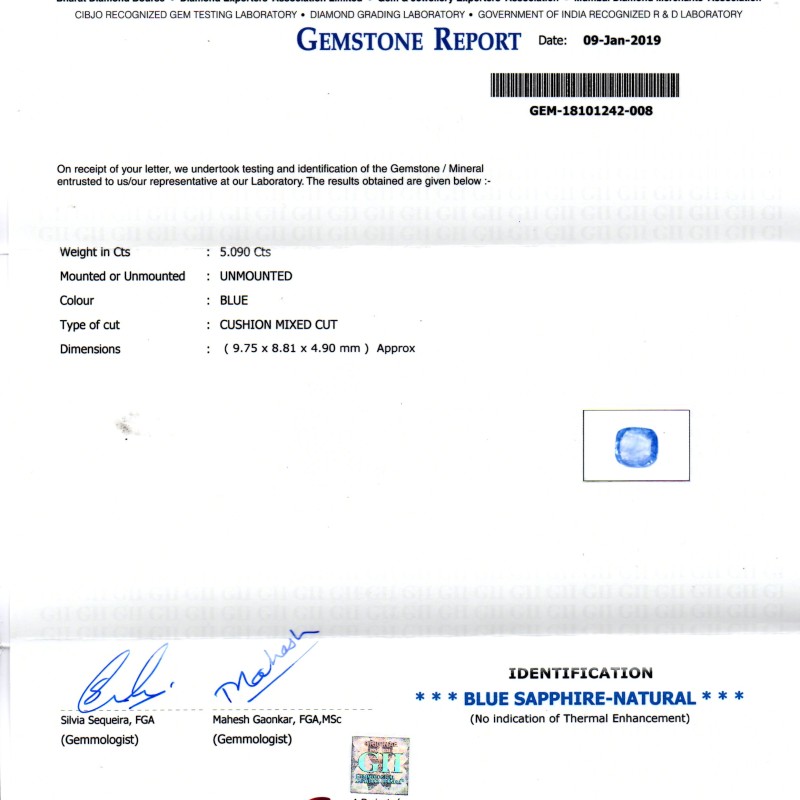 5.09 Ct GII Certified Unheated Untreated Natural Ceylon Blue Sapphire AA 5.09 Ct GII Certified Unheated Untreated Natural Ceylon Blue Sapphire AA