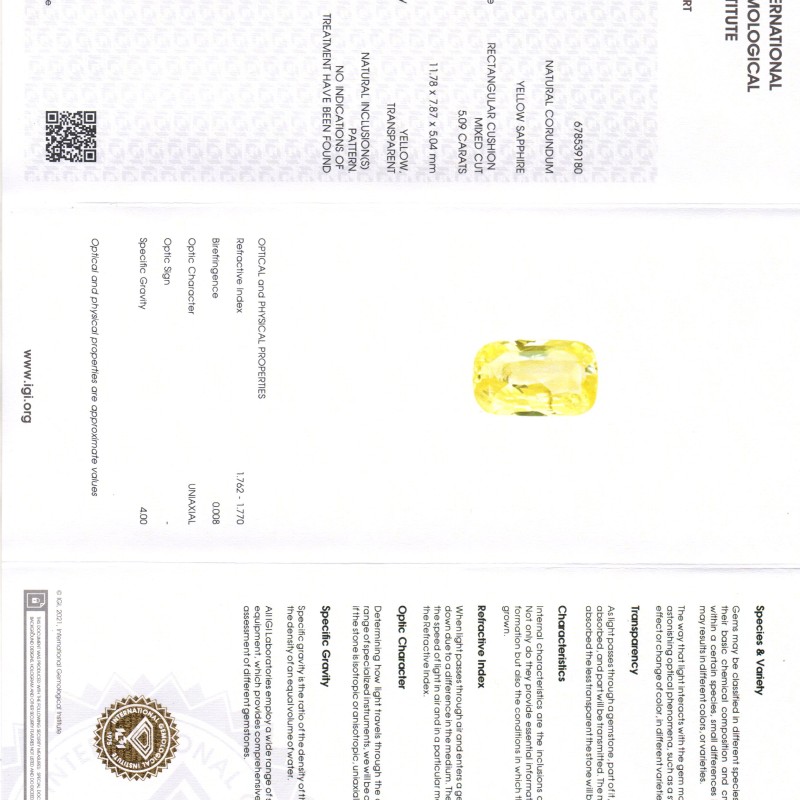 5.09 Ct IGI Certified Unheated Untreated Natural Ceylon Yellow Sapphire