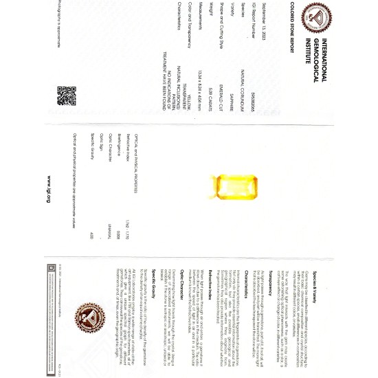 5.09 Ct IGI Certified Unheated Untreated Natural Ceylon Yellow Sapphire