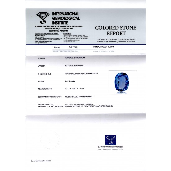 5.10 Ct IGI Certified Unheated Untreated Natural Ceylon Blue Sapphire