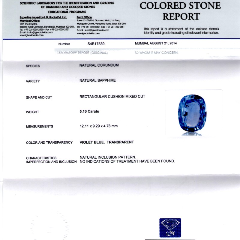 5.10 Ct IGI Certified Unheated Untreated Natural Ceylon Blue Sapphire 5.10 Ct IGI Certified Unheated Untreated Natural Ceylon Blue Sapphire