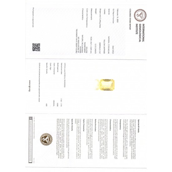 5.10 Ct IGI Certified Unheated Untreated Natural Ceylon Yellow Sapphire AA