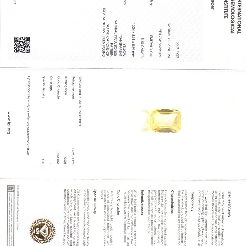 5.10 Ct IGI Certified Unheated Untreated Natural Ceylon Yellow Sapphire AA