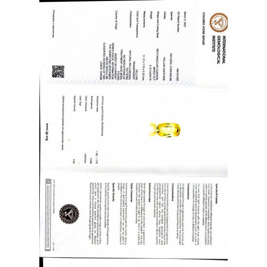 5.10 Ct IGI Certified Unheated Untreated Natural Ceylon Yellow Sapphire