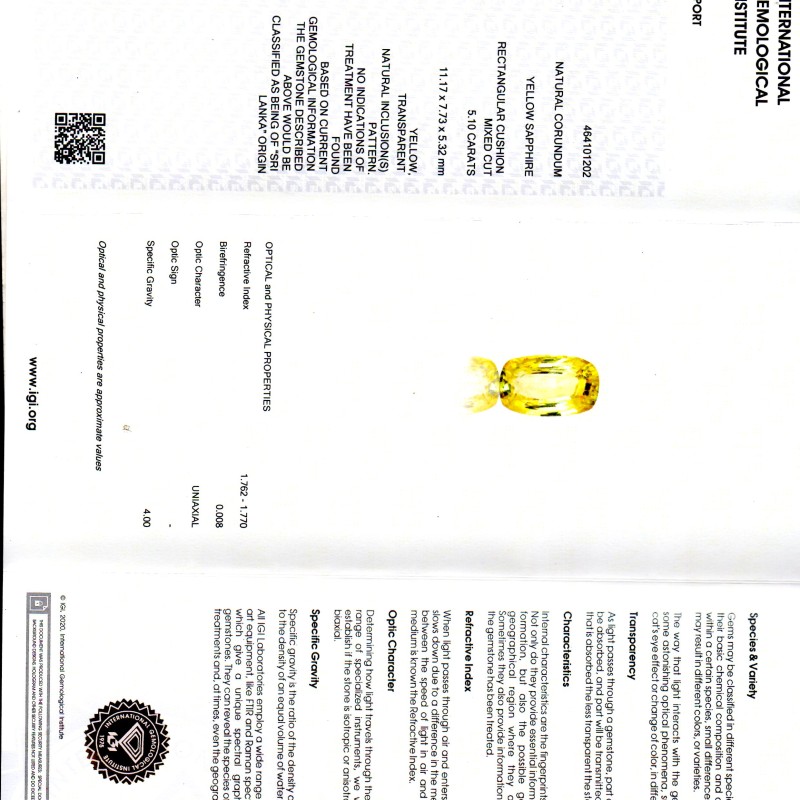 5.10 Ct IGI Certified Unheated Untreated Natural Ceylon Yellow Sapphire