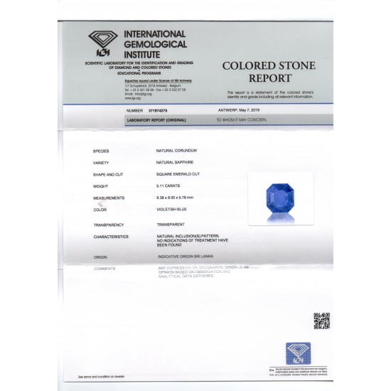5.11 Ct IGI Certified Unheated Untreated Natural Ceylon Blue Sapphire