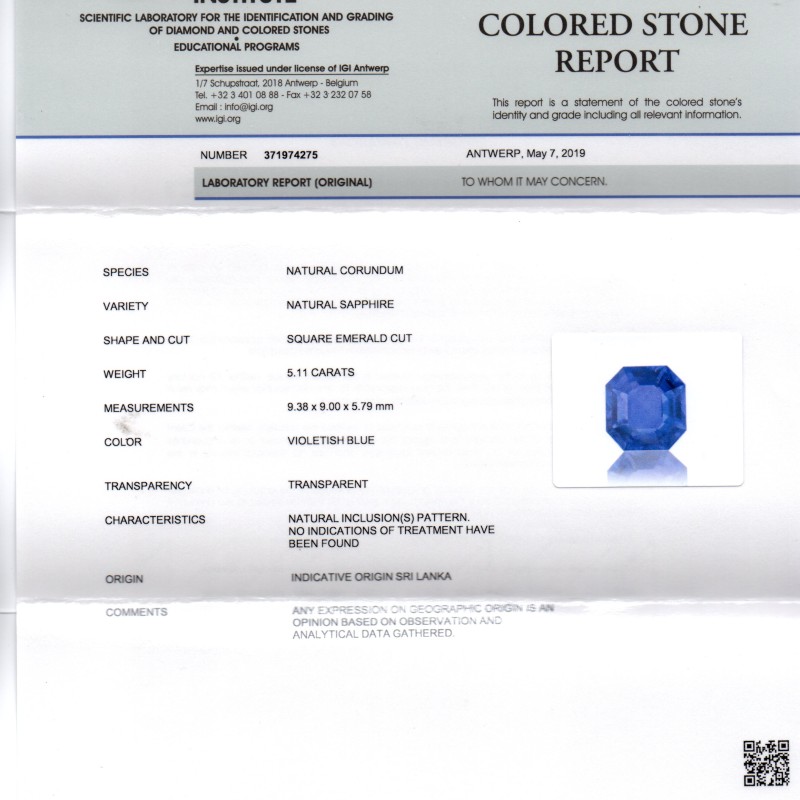 5.11 Ct IGI Certified Unheated Untreated Natural Ceylon Blue Sapphire