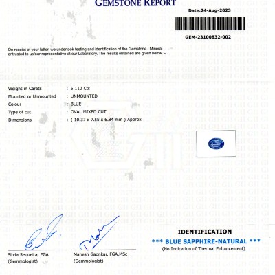 5.11 Ct GII Certified Unheated Untreated Natural Ceylon Blue Sapphire 5.11 Ct GII Certified Unheated Untreated Natural Ceylon Blue Sapphire