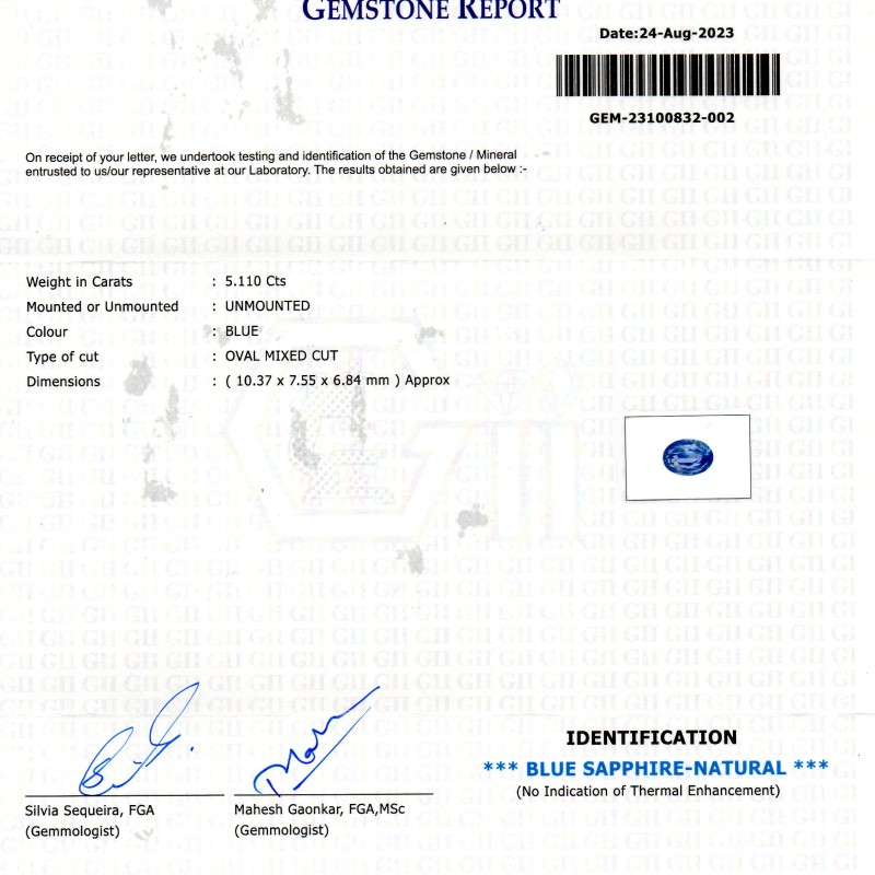 5.11 Ct GII Certified Unheated Untreated Natural Ceylon Blue Sapphire 5.11 Ct GII Certified Unheated Untreated Natural Ceylon Blue Sapphire