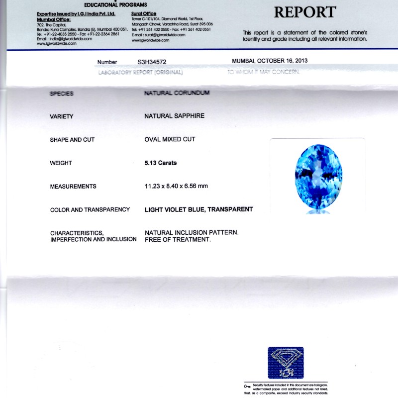 5.13 Ct Certified Unheated Untreated Natural Ceylon Blue Sapphire AA 5.13 Ct Certified Unheated Untreated Natural Ceylon Blue Sapphire AA