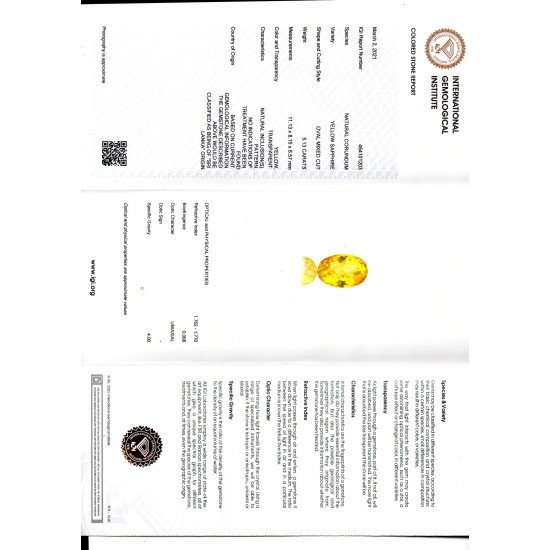 5.13 Ct IGI Certified Unheated Untreated Natural Ceylon Yellow Sapphire