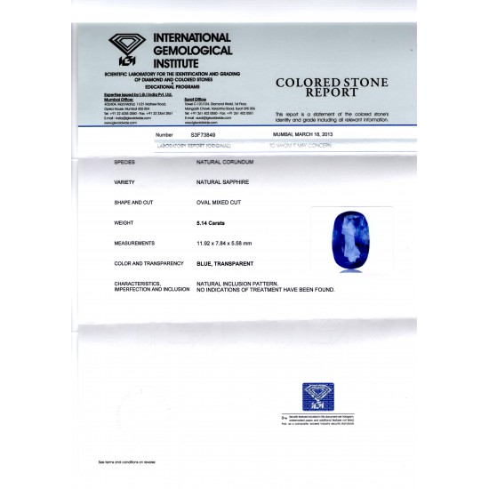 5.14 Ct IGI Certified Unheated Untreated Natural Ceylon Blue Sapphire