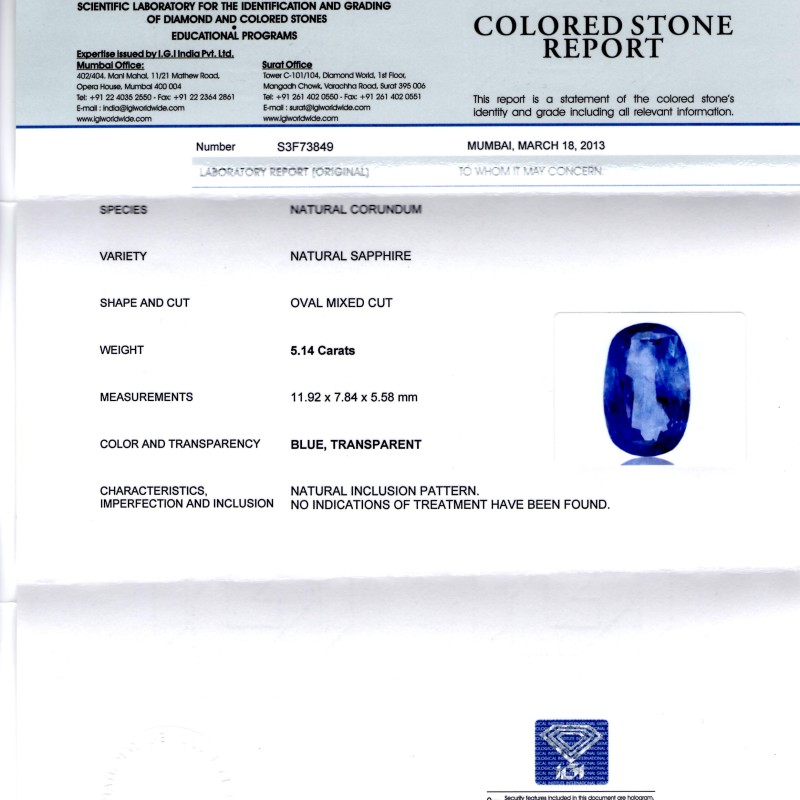 5.14 Ct IGI Certified Unheated Untreated Natural Ceylon Blue Sapphire