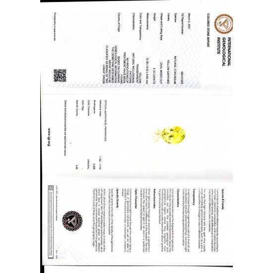 5.16 Ct IGI Certified Unheated Untreated Natural Ceylon Yellow Sapphire