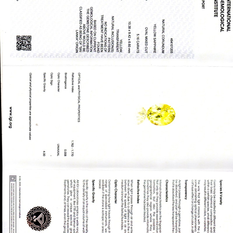 5.16 Ct IGI Certified Unheated Untreated Natural Ceylon Yellow Sapphire 5.16 Ct IGI Certified Unheated Untreated Natural Ceylon Yellow Sapphire