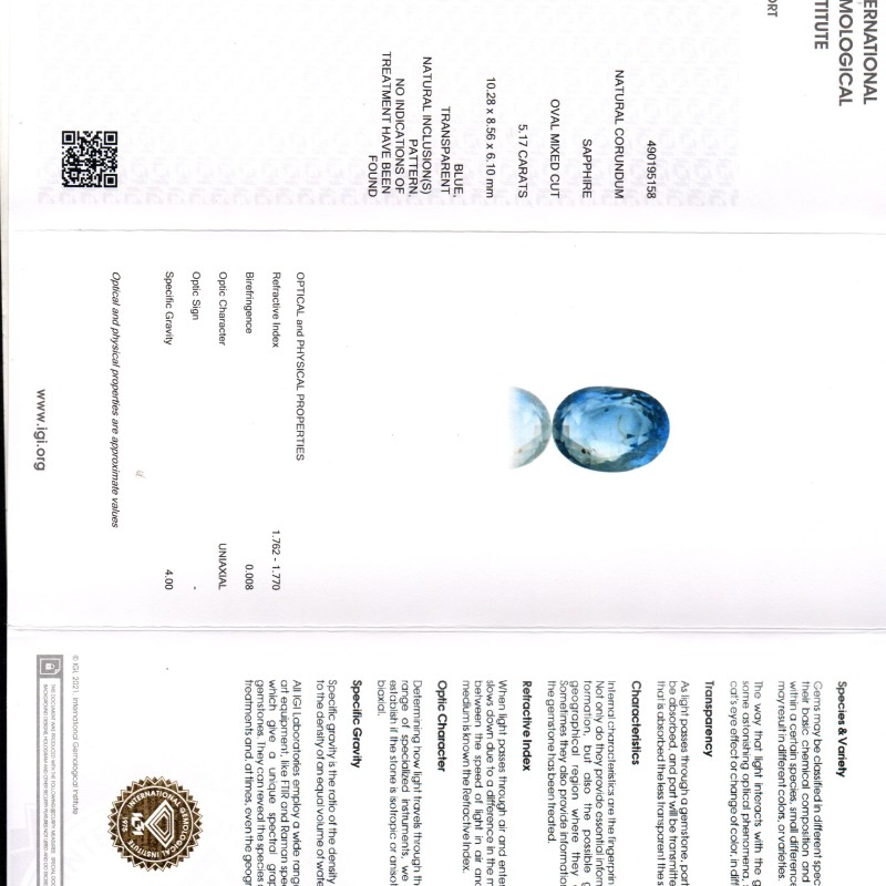 5.17 Ct IGI Certified Unheated Untreated Natural Ceylon Blue Sapphire