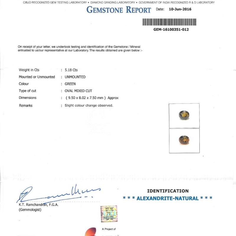 5.18 Ct Untreated Natural Certified Colour Changing Alexandrite