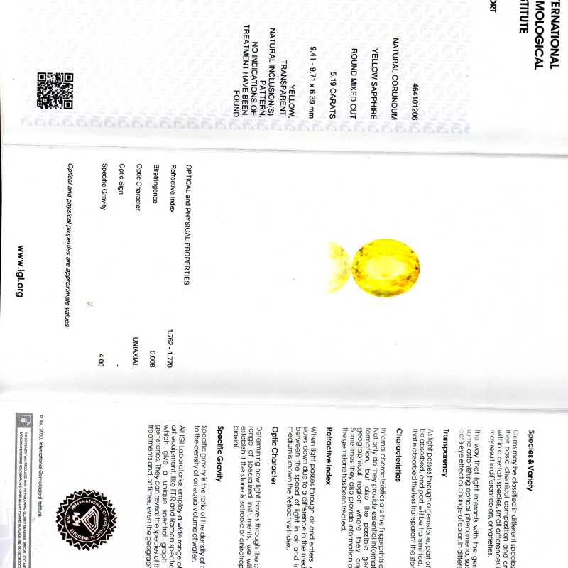 5.19 Ct IGI Certified Unheated Untreated Natural Ceylon Yellow Sapphire AA 5.19 Ct IGI Certified Unheated Untreated Natural Ceylon Yellow Sapphire AA