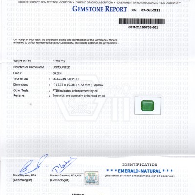 5.20 Ct GII Certified Untreated Natural Zambian Emerald Gemstones 5.20 Ct GII Certified Untreated Natural Zambian Emerald Gemstones