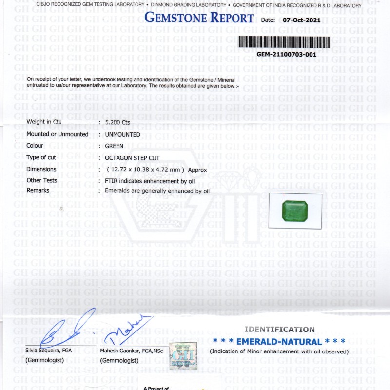 5.20 Ct GII Certified Untreated Natural Zambian Emerald Gemstones 5.20 Ct GII Certified Untreated Natural Zambian Emerald Gemstones