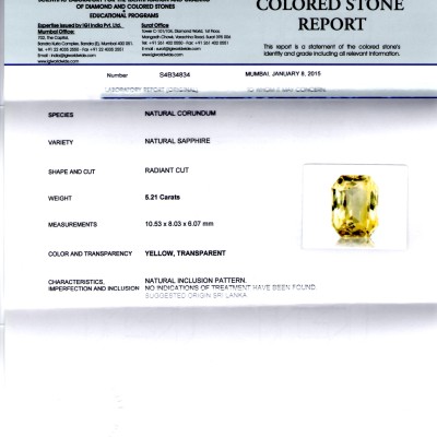5.21 Ct Unheated Untreated Natural Ceylon Yellow Sapphire/Pukhraj AA