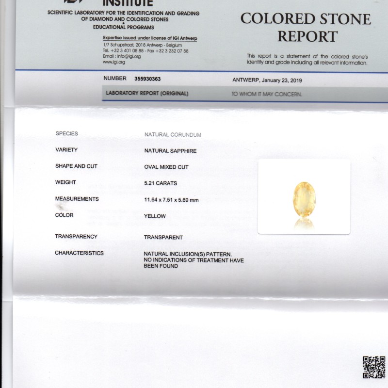5.21 Ct IGI Certified Unheated Untreated Natural Ceylon Yellow Sapphire
