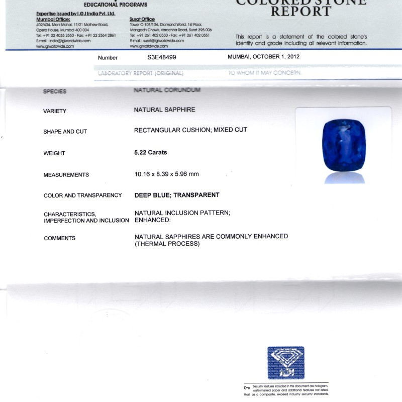 5.22 Ct Top Colour IGI Certified Natural Ceylon Blue Sapphire AA 5.22 Ct Top Colour IGI Certified Natural Ceylon Blue Sapphire AA