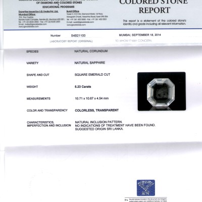 5.23 Ct IGI Certified Unheated Untreated Natural Premium White Sapphire 5.23 Ct IGI Certified Unheated Untreated Natural Premium White Sapphire