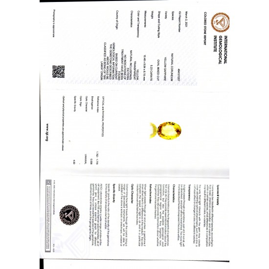 5.23 Ct IGI Certified Unheated Untreated Natural Ceylon Yellow Sapphire
